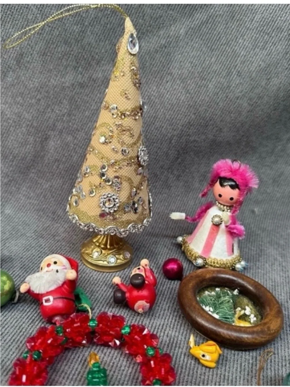 Vintage Christmas elf knee hugger reindeer Santa ornaments lot